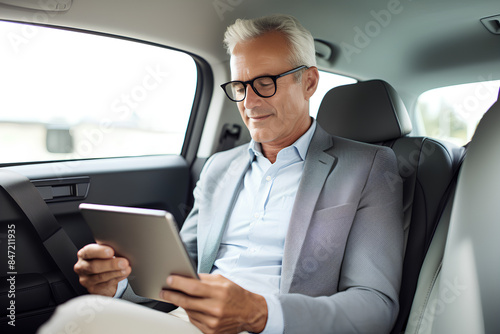 transport, business trip, technology and people concept - senior businessman with tablet pc computer driving on car back seat