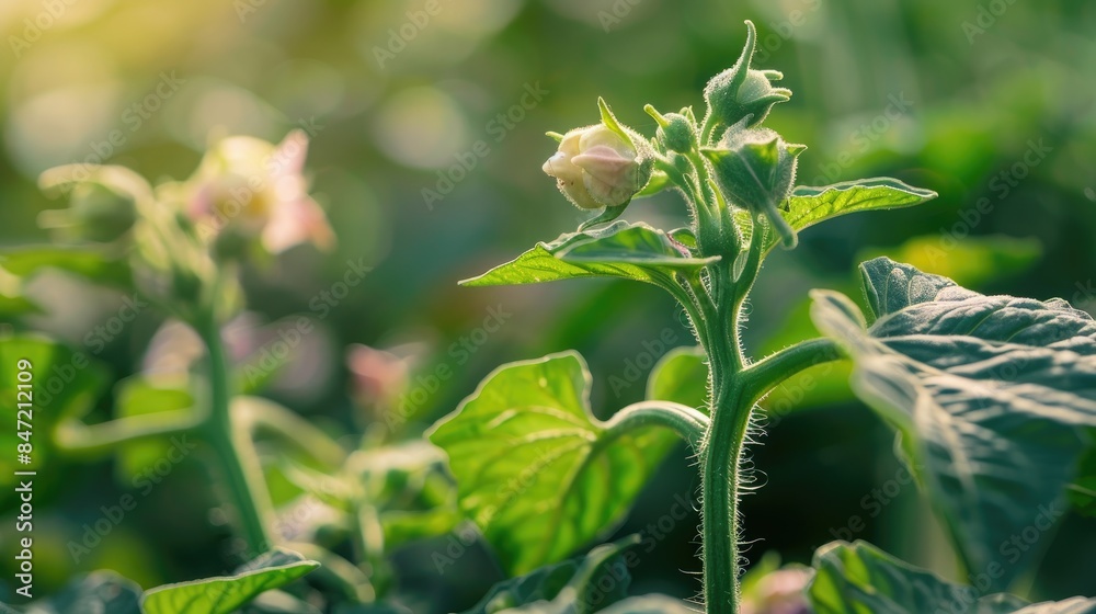 Images of recently blossoming small eggplant flowers in the garden Images of recently blossoming small eggplant flowers in the garden