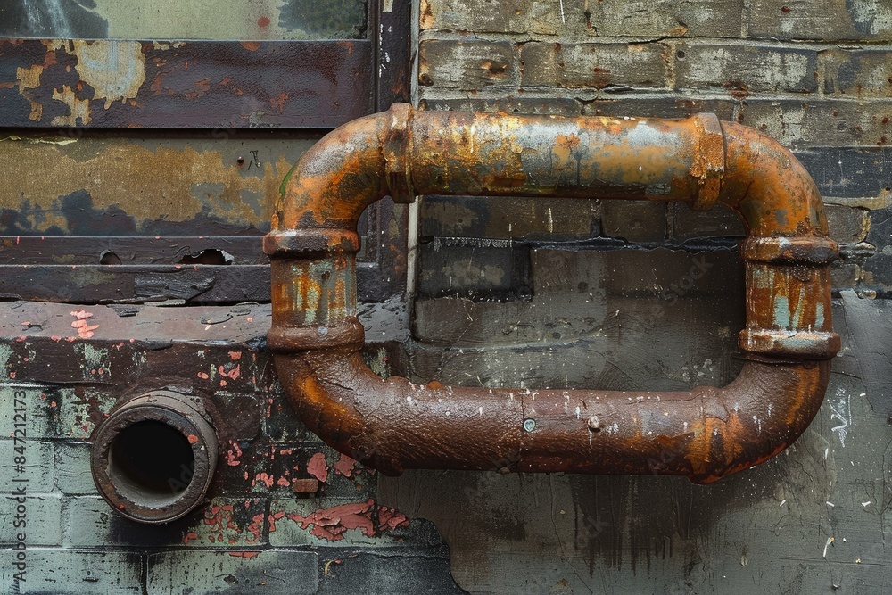 Rusty industrial pipe forming a square shape attached to an old damaged wall Rusty industrial pipe forming a square shape attached to an old damaged wall