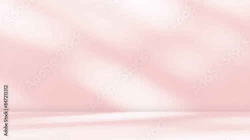 Empty pink colour room studio with sunlight effect shadow on the floor and wall for product presentation. Minimal backdrop design. Cosmetic, beauty and fashion showroom. Summer background mock up.	
