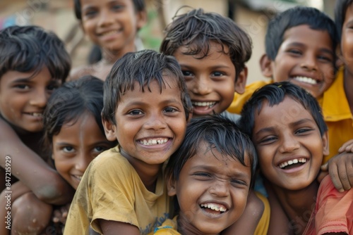 Portrait of happy group of indian kids smiling and looking at camera