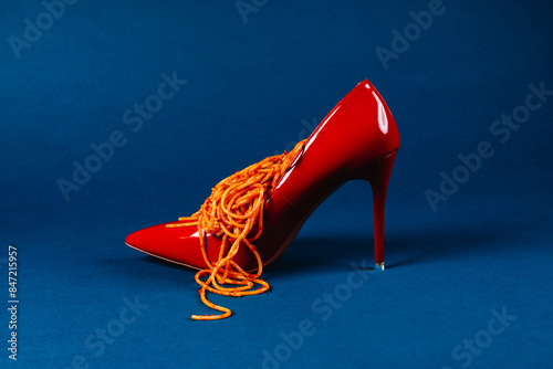 high-heeled shoe with spaghetti with tomato sauce