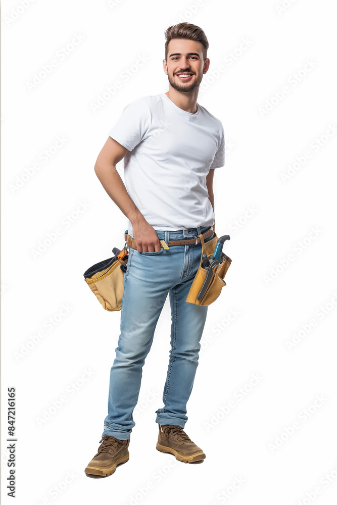 Landscaper smiling and posing with tools on white background Landscaper smiling and posing with tools on white background