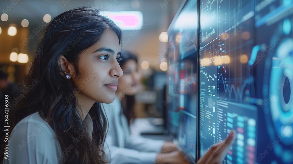 Two Young South Asian Colleagues Working in a Business Software Development Company. Female Team Leader Updating Indian Economic Strategist on Financial Market News and Investment Trends