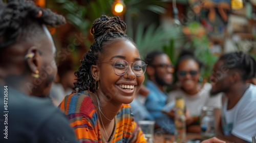 Young African Female Telling Funny Life Stories While Sitting on a Terrace with Multiethnic Friends. Young Men and Women Gathered Together in a Cafe, Spending a Beautiful Weekend Together