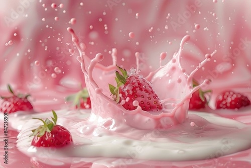 Ripe strawberry is splashing into a creamy pink milkshake, creating a crown like splash