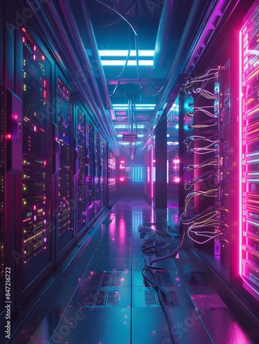 Tapety artystyczne room with cables and servers, Cloud computing, technologies of internet, computer technologies, AI hyper realistic 