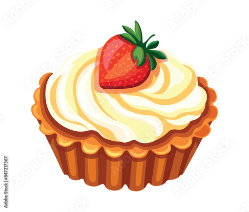 Tartlet with whipped cream, shortcrust pastry, strawberries in a cartoon style. Vector illustration of tasty and sweet cake isolated on white background. Confectionery product. 