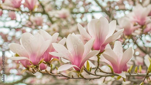 Fresh beautiful magnolia blossoms springtime pink and white colors © Visuquest