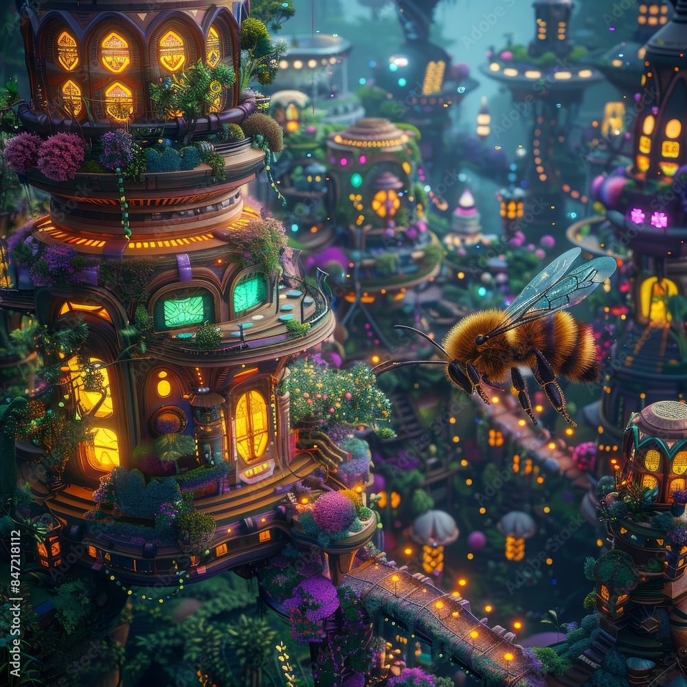 Illuminated Fantasy Cityscape With Bee Flying Over Lush Gardens Illuminated Fantasy Cityscape With Bee Flying Over Lush Gardens