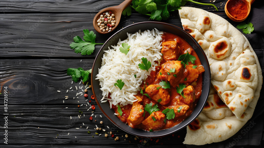 Traditional Indian dish Chicken tikka masala with spicy curry meat in bowl, basmati rice, bread naan, yoghurt raita sauce on rustic dark background, top view, close up. Indian style dinner from above