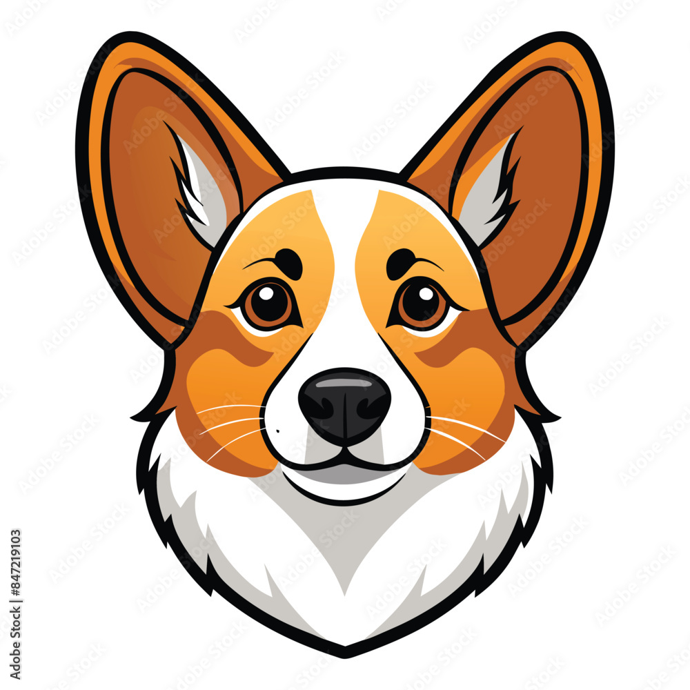 Vector illustration of a cute Pembroke Welsh Corgi dog head, cartoon style with large ears, detailed coloring, perfect for pet lovers, merchandise, and graphic design projects
