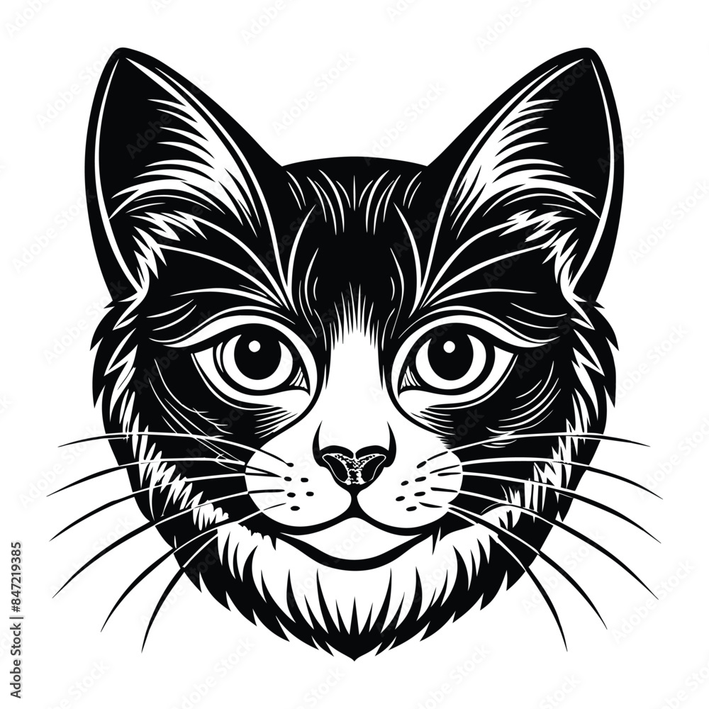 Detailed vector illustration of a cat's face, black and white, perfect for tattoos, logos, and print designs Detailed vector illustration of a cat's face, black and white, perfect for tattoos, logos, and print designs