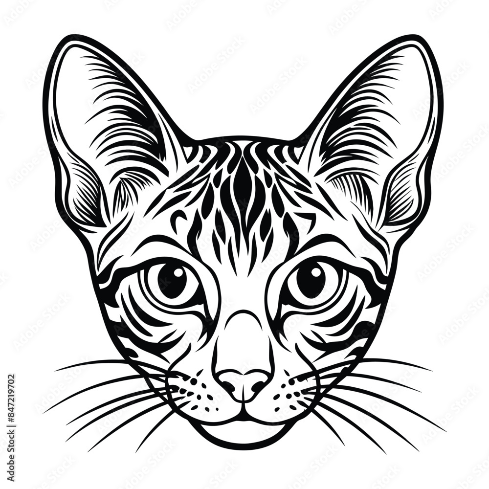Intricate Vector Illustration of an Egyptian Mau Cat Head - Detailed Line Art of Exotic Feline with Striking Features and Patterned Fur - Perfect for Tattoo and Design Projects Intricate Vector Illustration of an Egyptian Mau Cat Head - Detailed Line Art of Exotic Feline with Striking Features and Patterned Fur - Perfect for Tattoo and Design Projects