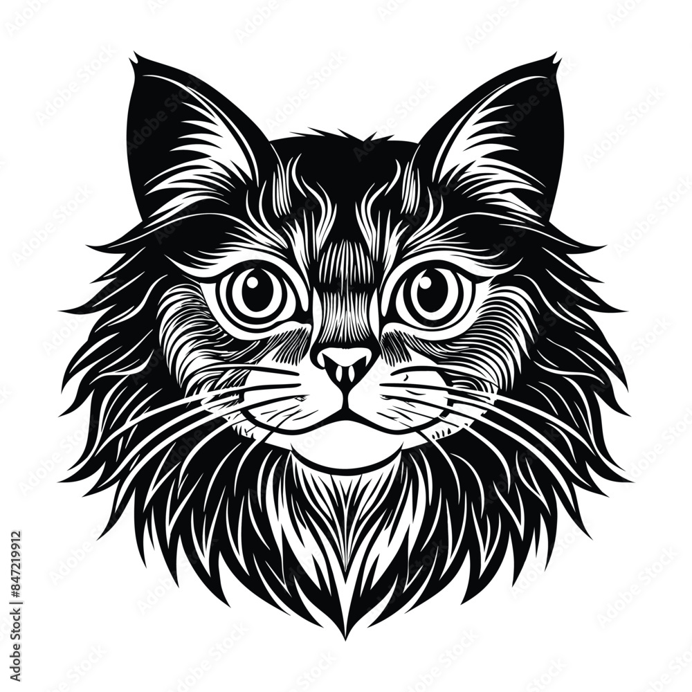 Intricate Black and White Vector Illustration of a Persian Cat's Face - Detailed and Stylish Feline Portrait with Lush Fur and Expressive Eyes Intricate Black and White Vector Illustration of a Persian Cat's Face - Detailed and Stylish Feline Portrait with Lush Fur and Expressive Eyes