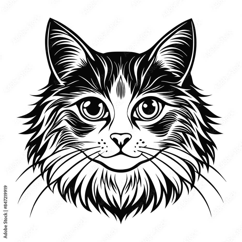 Vector illustration of a ragdoll cat head portrait in black and white, detailed and intricate design with bold lines and expressive eyes Vector illustration of a ragdoll cat head portrait in black and white, detailed and intricate design with bold lines and expressive eyes