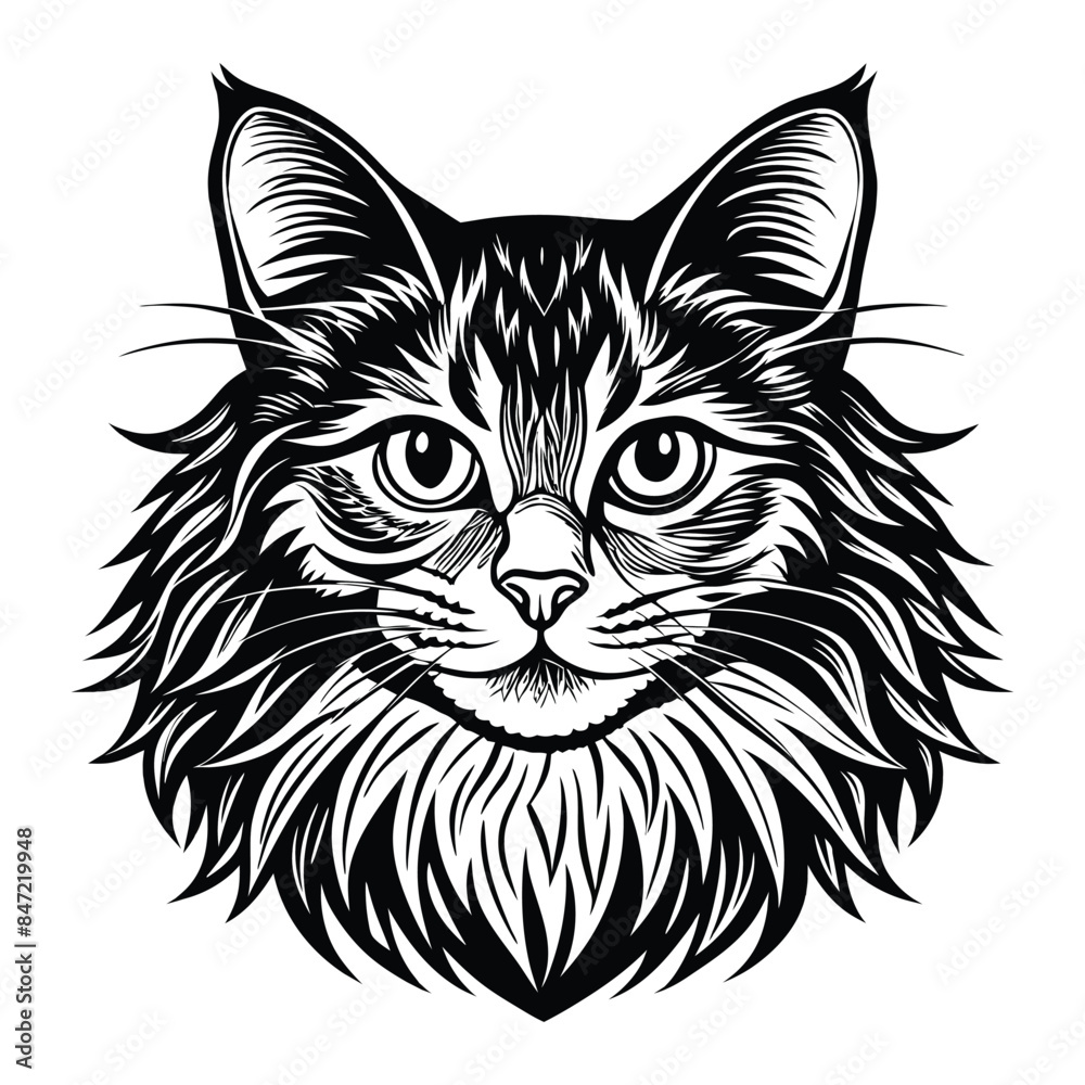Detailed black and white vector illustration of a Siberian cat head with intricate fur patterns, perfect for tattoo designs, logos, and art prints