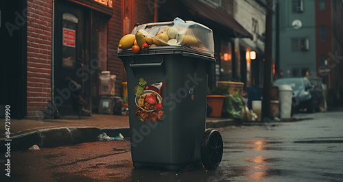 Full green recycling bin with food waste on city street photo