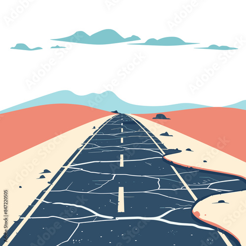 Winding cracked road stretching through barren desert blue mountains background isolated white sky cartoon illustration. Asphalt highway severely damaged earthquake natural disaster desolate scene