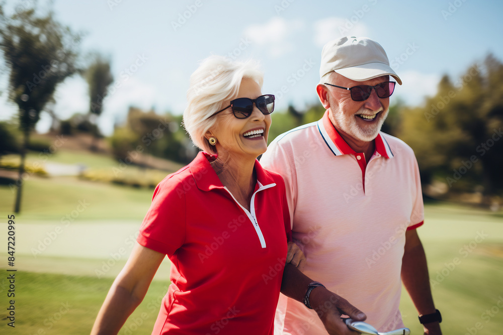 Happy senior couple walking on a sunny golf course Happy senior couple walking on a sunny golf course