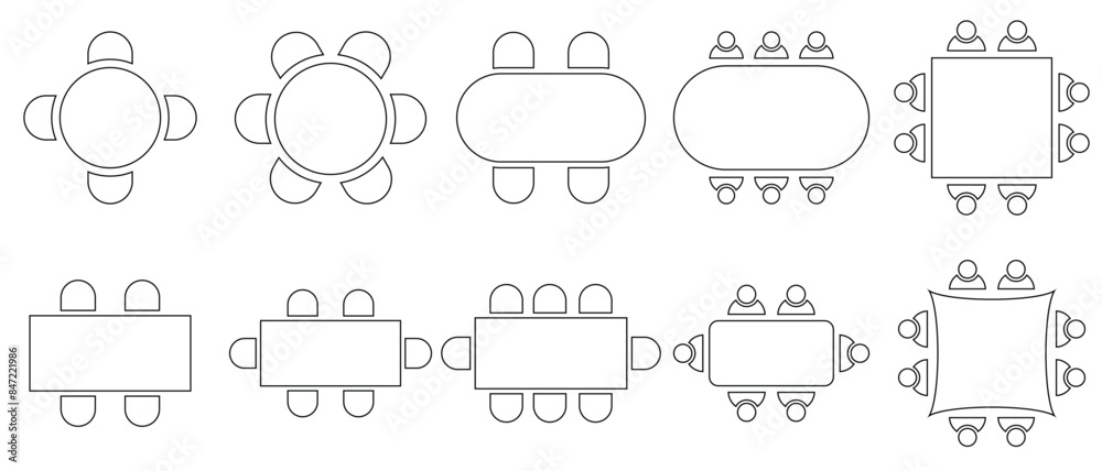 Table Seating Arrangement Icons for an Event - Clipart Outline. isolated on white background. Vector illustration.