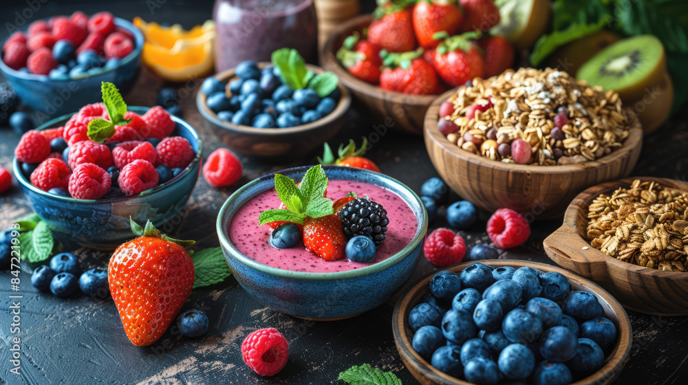 A healthy breakfast spread with fruits, granola, and smoothies, arranged beautifully on a rustic table A healthy breakfast spread with fruits, granola, and smoothies, arranged beautifully on a rustic table