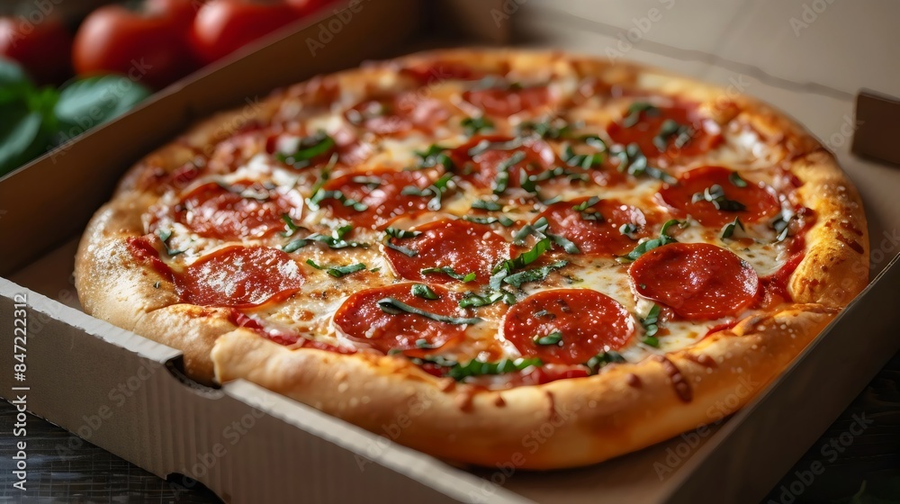 A pizza with pepperoni and basil sits in a cardboard box A pizza with pepperoni and basil sits in a cardboard box