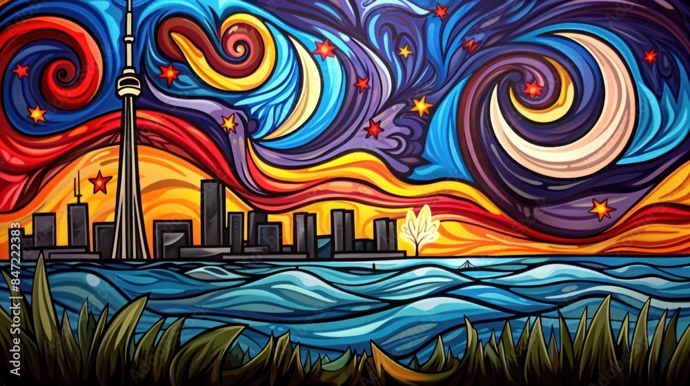 Obraz premium A vibrant cityscape against a dramatic sky with swirling clouds and a fiery sunset.