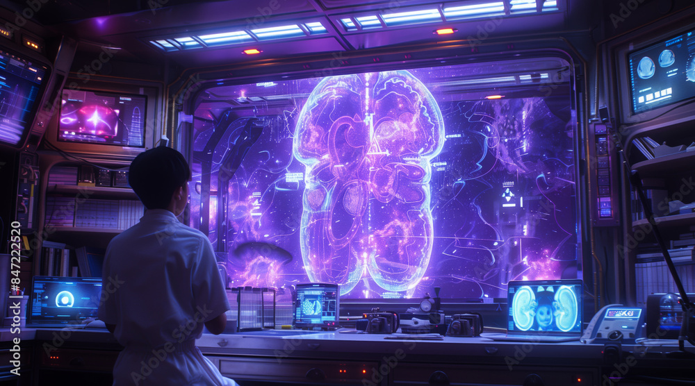 A futuristic medical setting where a patient views a holographic scan of the brain, potentially for a urology appointment. A futuristic medical setting where a patient views a holographic scan of the brain, potentially for a urology appointment.