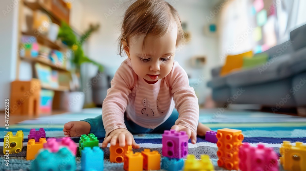 Cute toddler baby playing colorful toy blocks on the floor of a modern home, creative playing and making a mess at home. Generative AI Cute toddler baby playing colorful toy blocks on the floor of a modern home, creative playing and making a mess at home. Generative AI