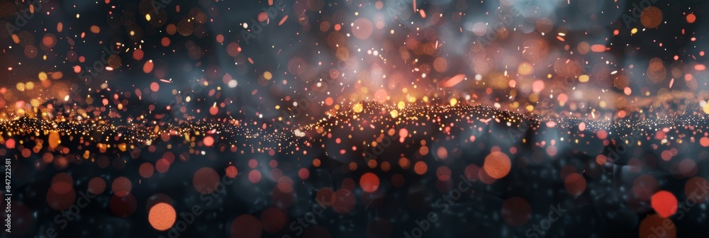 Fototapeta premium Flying particles and sprinkles background, exploding confetti, shiny shimmering carnival, glittering dust bokeh