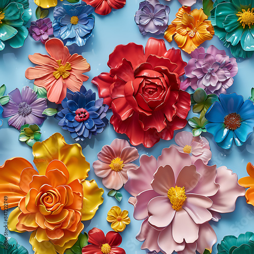 Wallpaper Mural Colorful Flowers in a Ceramic or 3d Acrylic Paint Style in a seamless pattern Torontodigital.ca