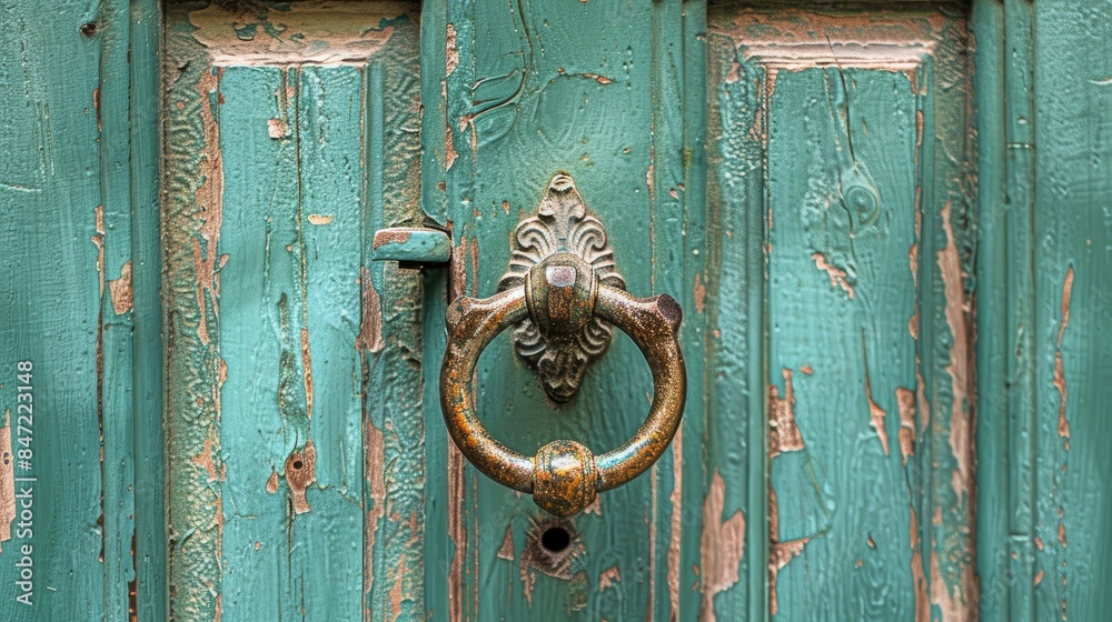 Antique handle on an old green wooden entrance door Antique handle on an old green wooden entrance door