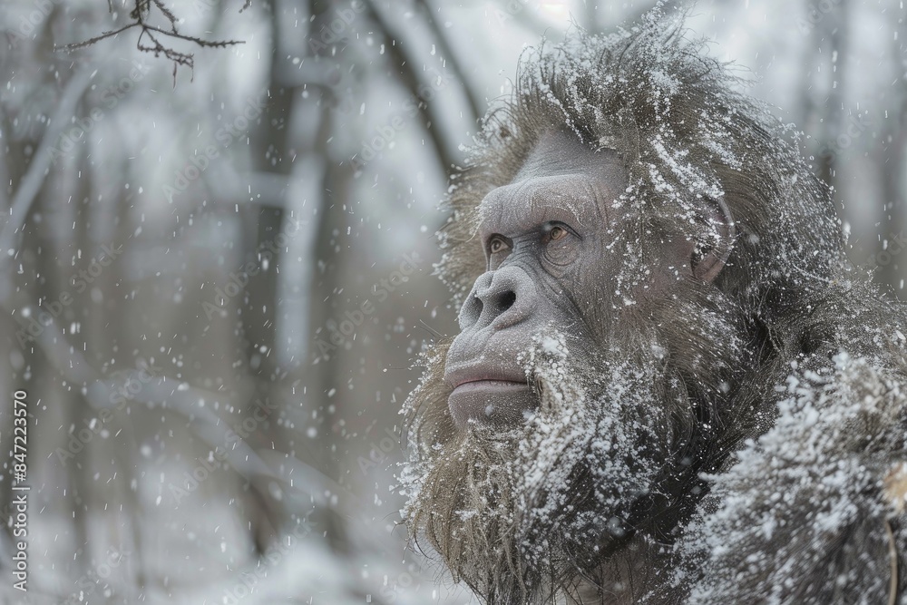 Bigfoot yeti covered with snow looking up during snowfall in a snowy forest Bigfoot yeti covered with snow looking up during snowfall in a snowy forest