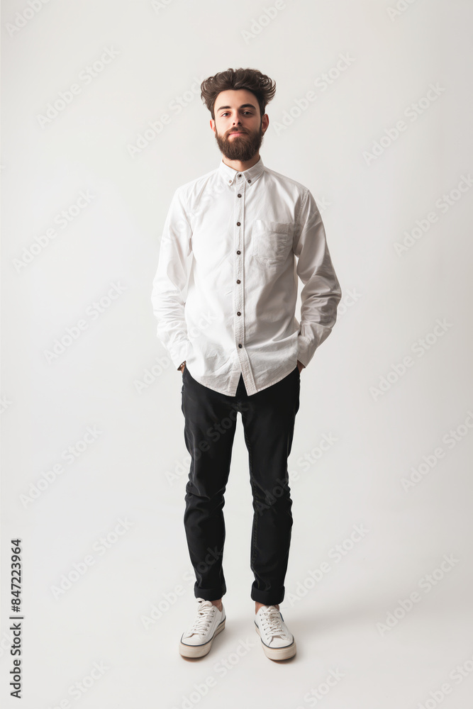 Software developer standing with hands in pockets on white background