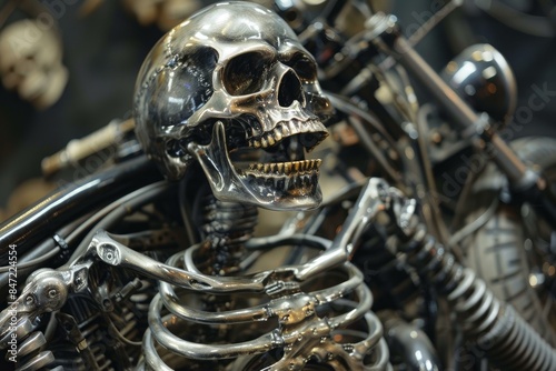 Gleaming chrome skeleton with a grinning skull is mounted on a custom motorcycle, showcasing the builder's artistry and passion for the open road photo