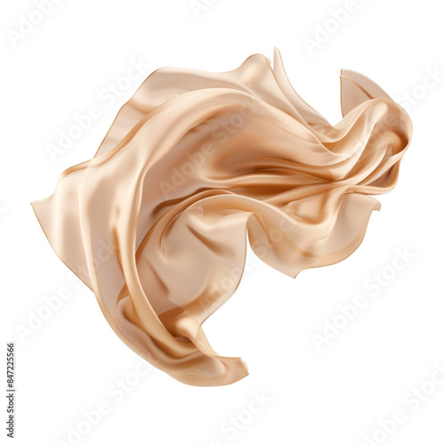 Beige silk fabric floating. Isolated on transparent background.