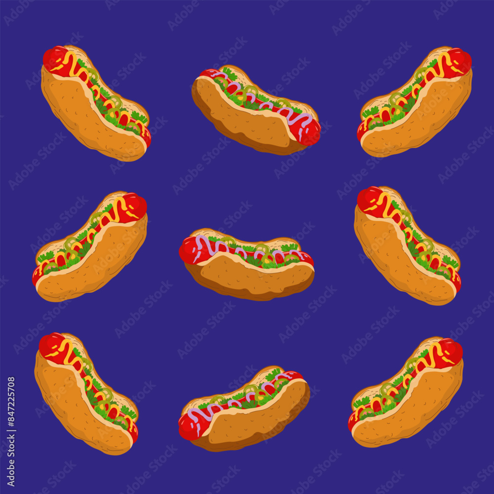 Vector street fast food icons. Cartoon food illustration. Hotdog, hamburger, pizza and shawarma. Menu design. Background with the fast food Vector street fast food icons. Cartoon food illustration. Hotdog, hamburger, pizza and shawarma. Menu design. Background with the fast food