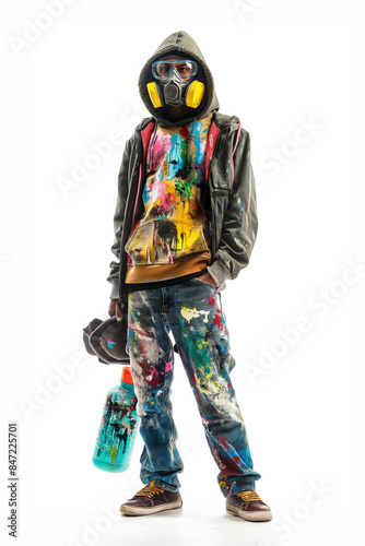 Street artist wearing gas mask posing with spray paint cans