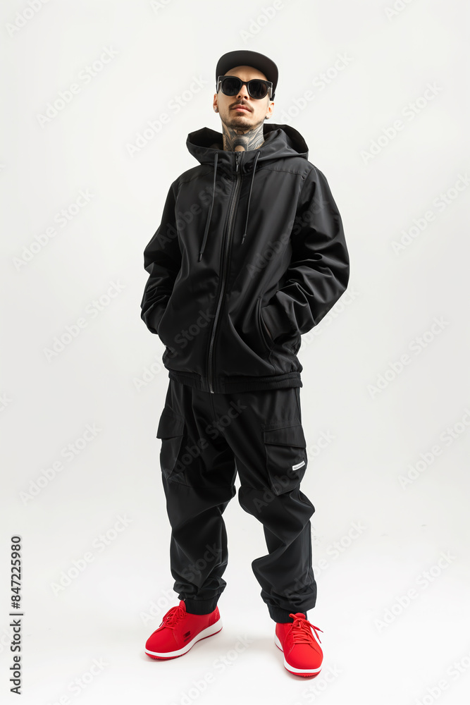 Street artist wearing black clothes posing with attitude Street artist wearing black clothes posing with attitude