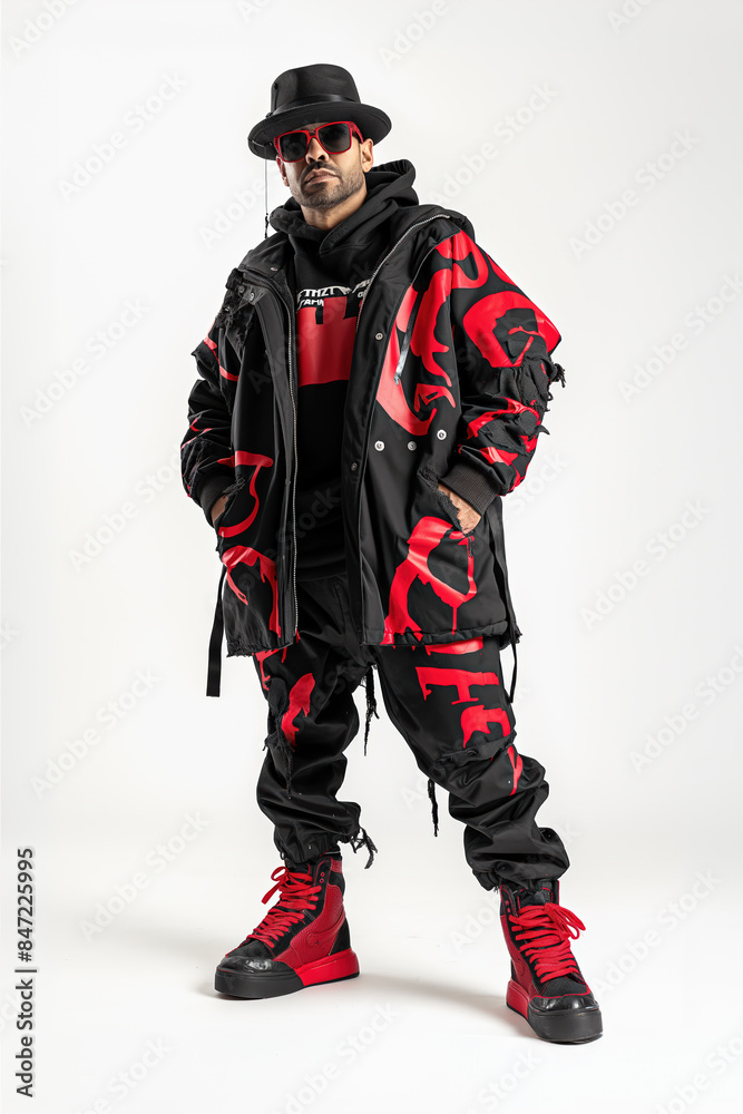 Street artist posing wearing black and red clothes and red sunglasses Street artist posing wearing black and red clothes and red sunglasses