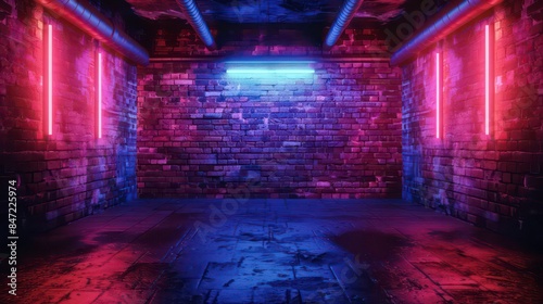 Empty futuristic club background with neon light and grunge brick walls. Generative AI