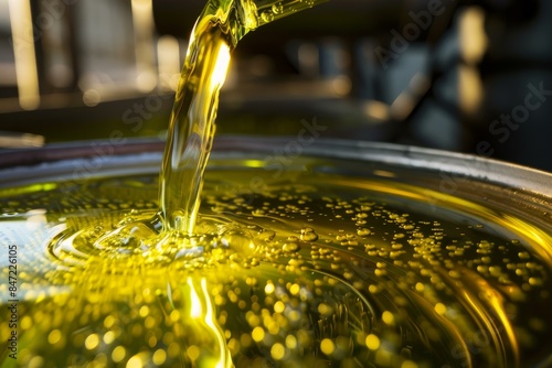 Golden liquid pouring from a bottle into a metal container, creating bubbles and ripples