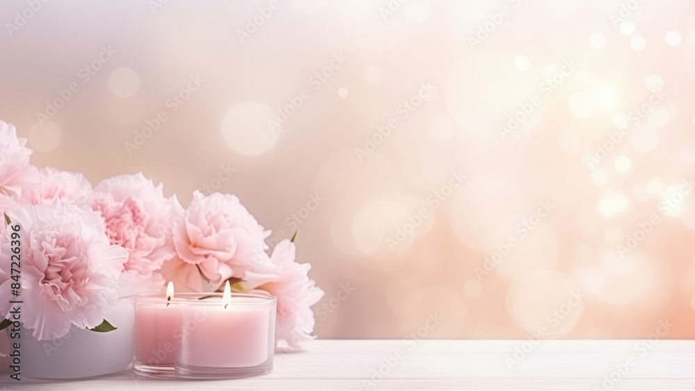 Elegant pink peonies and softly glowing candles creating a serene and romantic ambiance.
Elegant pink peonies and softly glowing candles creating a serene and romantic ambiance.