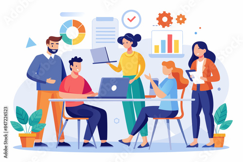 Business team working together, brainstorming, discussing ideas for project. People meeting at desk in office. illustration for co-working, teamwork, workspace concept, flat illustration © ArtfuIInfusion769