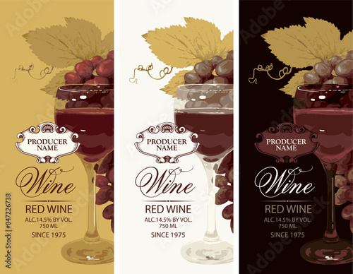 set wine labels with realistic bunches of delicious red grapes and wine glas on black, white and gold backgrounds. Vector illustration. Collection of quality wines
