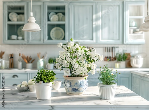 Beautiful kitchen interior in light blue and white colors with a marble table, flower pots on the island, vintage decorations