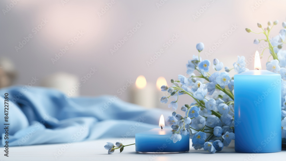 custom made wallpaper toronto digitalElegant blue candle and delicate flowers creating a serene and tranquil ambiance against a soft background.