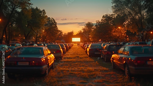 Evening Drive-In Movie Theater With Cars Parked Under Trees © fotofabrika