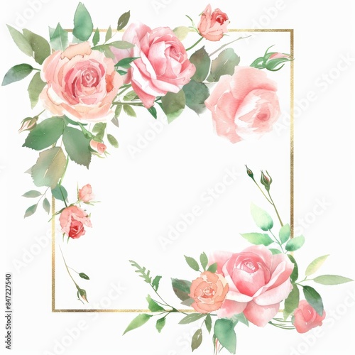 Floral pink roses and greenery with a gold square frame 